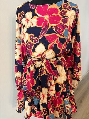Baltic Born Floral Belted Long-Sleeve Dress in Navy, Fuchsia & Cream